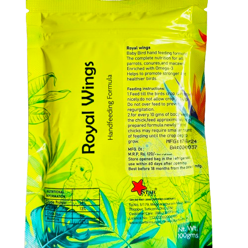 Royal Wings Hand Feeding Formula for Parrots, Conures & Macaws – 100gm Powder with 10ml Feeding Syringe