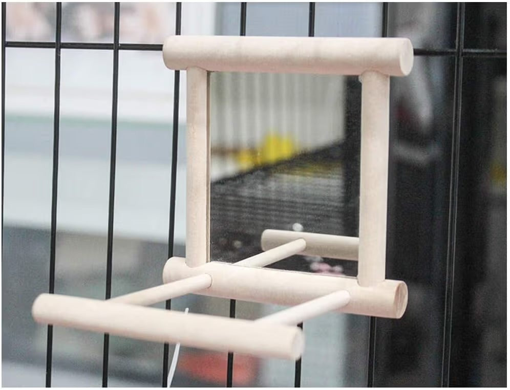 Volikart™ Wooden Bird Mirror with Perch & Metal Hooks - Hanging Cage Toy for Cockatiels, Budgies & Small Parrots