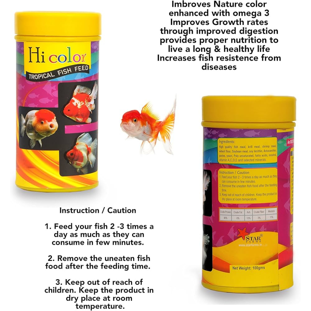 Star Farms Hi Color Fish Feed for All Tropical Fish – 100g | High Protein Formula for Bright Colors & Healthy Growth