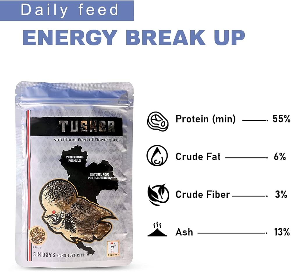 SF+ Tusker Flowerhorn Special Fish Food – 100g | High Protein (55%) Fortified Feed for Adult Flowerhorn with Enhanced Hump Development – Large Pellet Formula