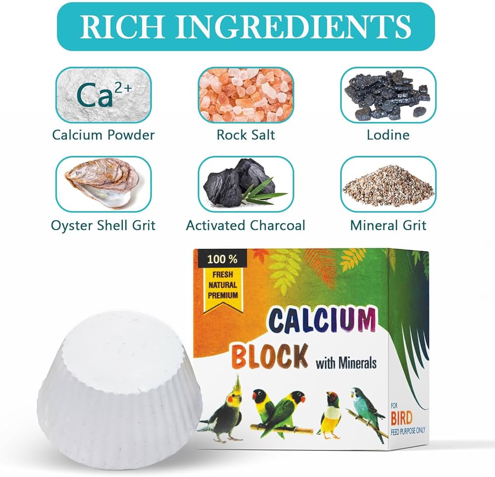Natural Calcium and Mineral Block for Birds, 60g | High-Calcium Supplement Supports Bone Strength and Eggshell Quality | Ideal for Finches, Budgies, Lovebirds, Cockatiels, Parrots