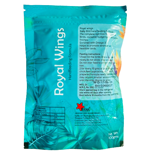 Royal Wings Hand Feeding Formula for Lovebirds, Cockatiels, Budgerigars & Java Finches – 100gm Powder with 10ml Feeding Syringe Kit for Baby Birds