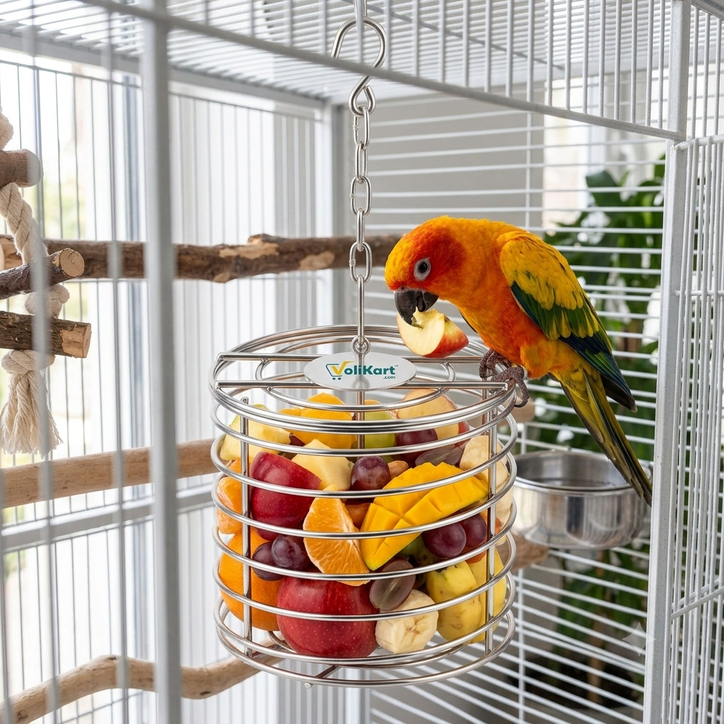 Volikart™ Stainless Steel Bird Foraging Feeder Toy – Hanging Fruit & Nut Basket for Macaw, African Grey, Cockatoo & Large Parrots