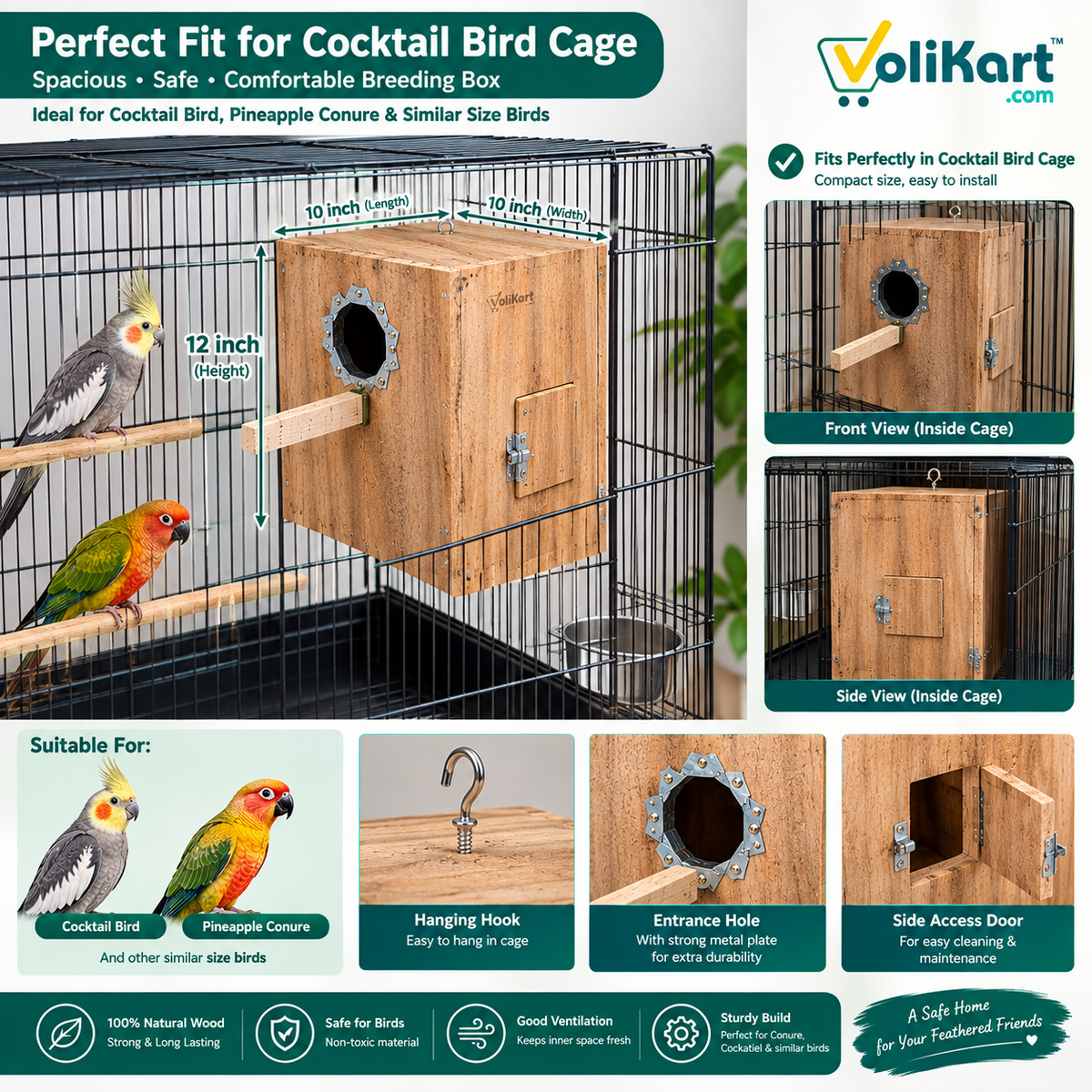Wooden Small Conure Breeding Box - 12x10x10 Inch - Avian Nesting Shelter for Small Conure
