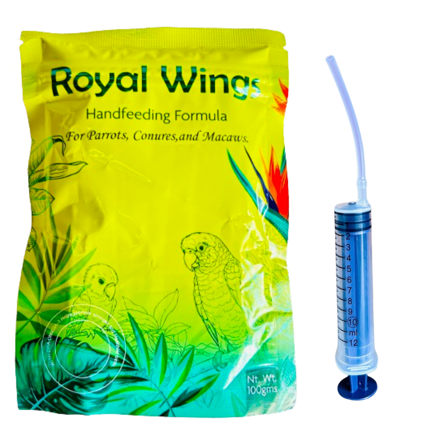 Royal Wings Hand Feeding Formula for Parrots, Conures & Macaws – 100gm Powder with 10ml Feeding Syringe