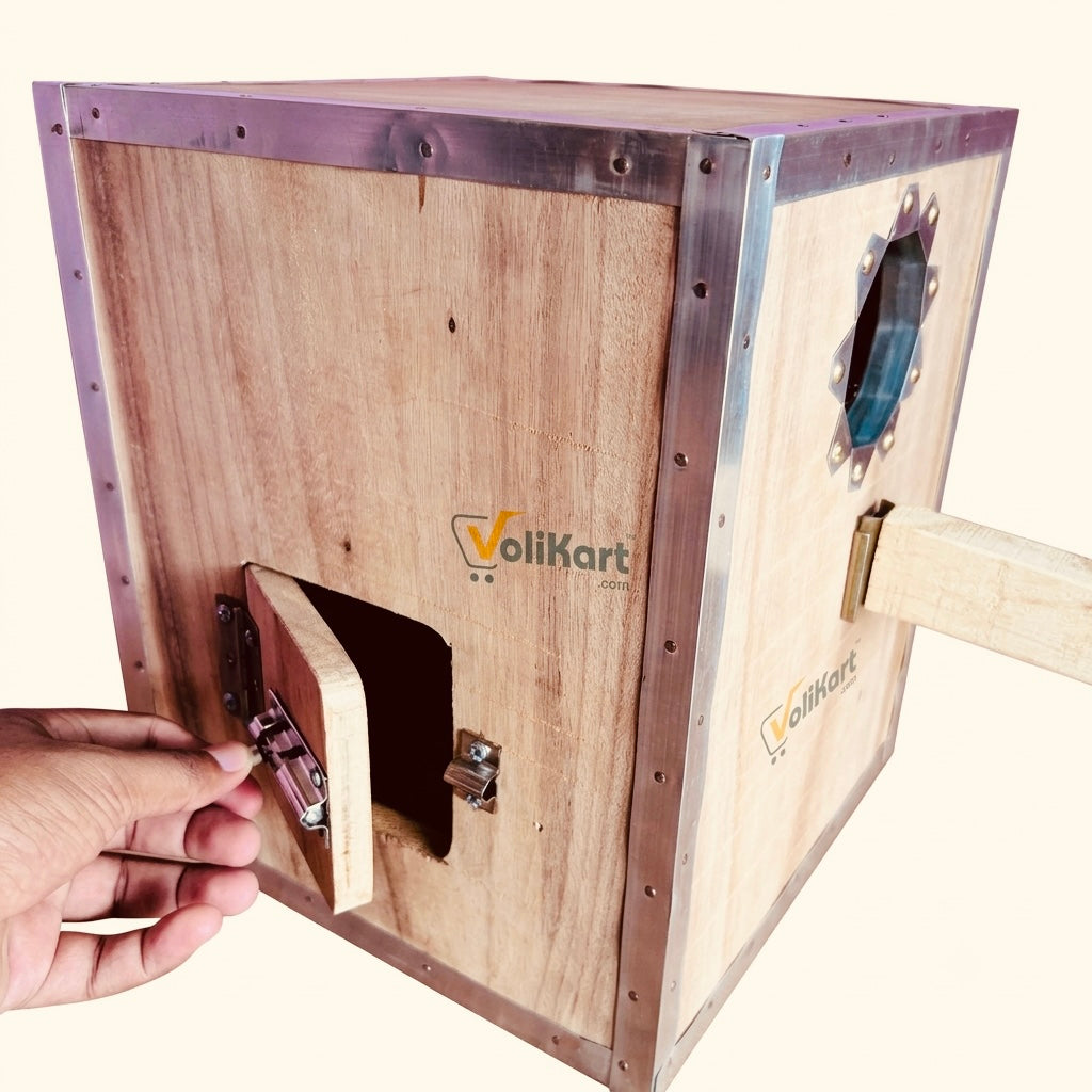 Volikart Small Conure & Cockatiel Wooden Breeding Box | Double-Side Entry Bird Nest Box with Metal Corner Protection