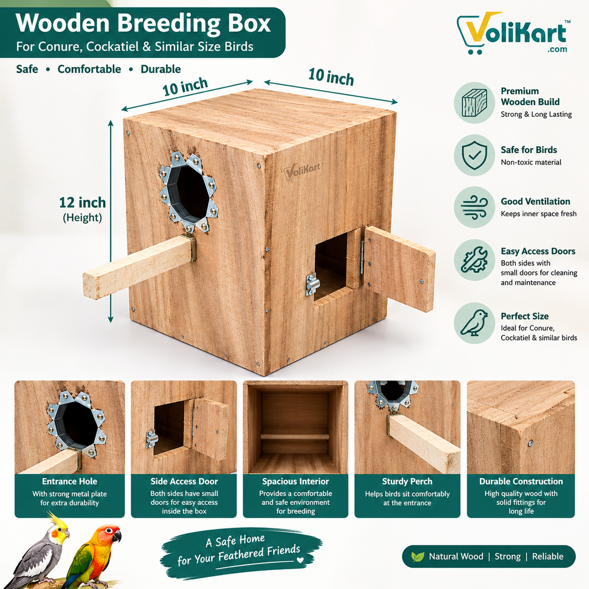 Wooden Small Conure Breeding Box - 12x10x10 Inch - Avian Nesting Shelter for Small Conure