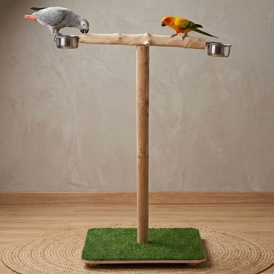 Volikart™ Premium 2.5ft Wooden Bird T-Stand for Parrots | Natural Heavy-Duty Perch with Dual Steel Bowls