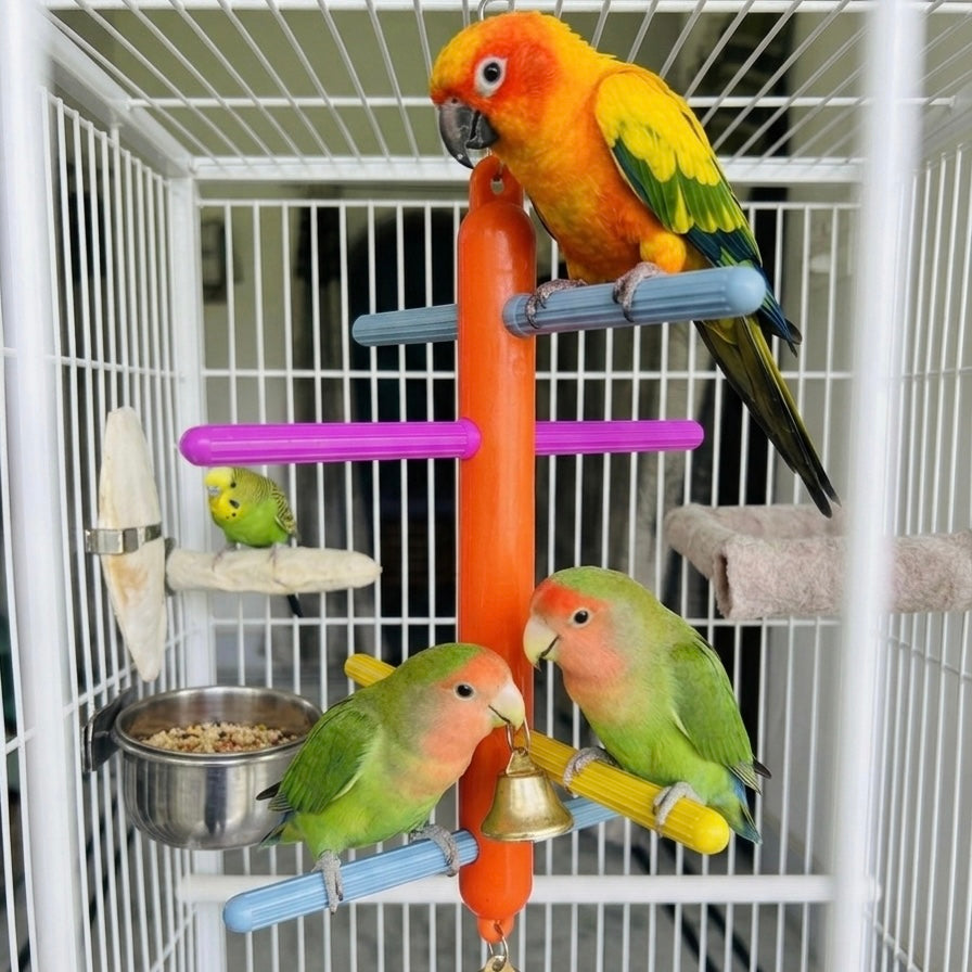Volikart™ Colorful Bird Perch Toy with Bell | Hanging Chew & Play Ladder | Cage Toy for Lovebirds, Budgies, Conure, Cockatiel