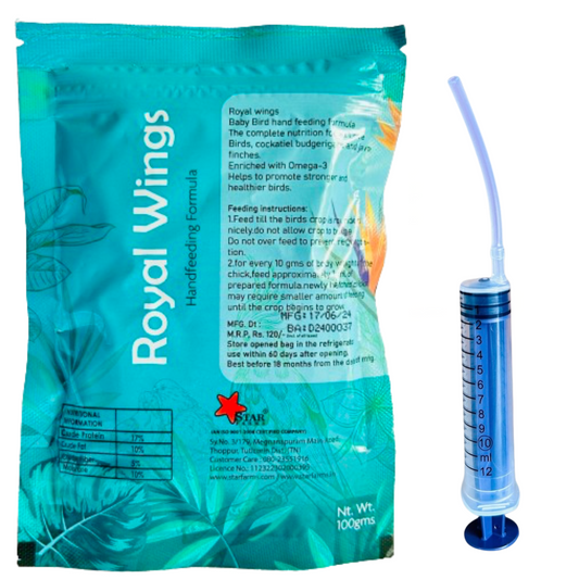 Royal Wings Hand Feeding Formula for Lovebirds, Cockatiels, Budgerigars & Java Finches – 100gm Powder with 10ml Feeding Syringe Kit for Baby Birds
