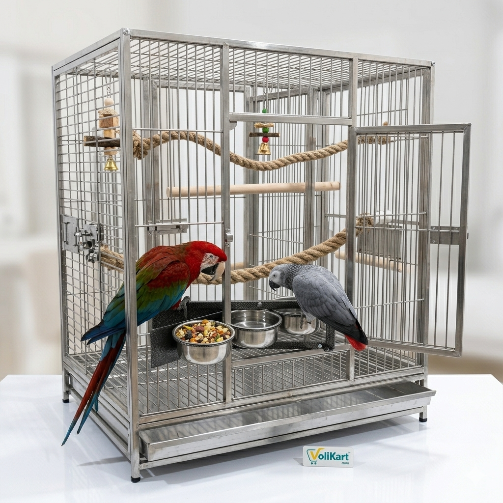 Volikart™ Rotating Bird Seed & Water Feeder | 3 x 500ml Stainless Steel Bowls | Heavy Duty Cage Mount Swing Feeder