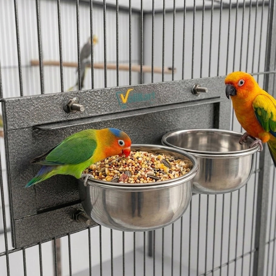 Volikart™ Rotating Double Bowl Bird Feeder for Bird Cage | 2 x 500ml Stainless Steel Bowls