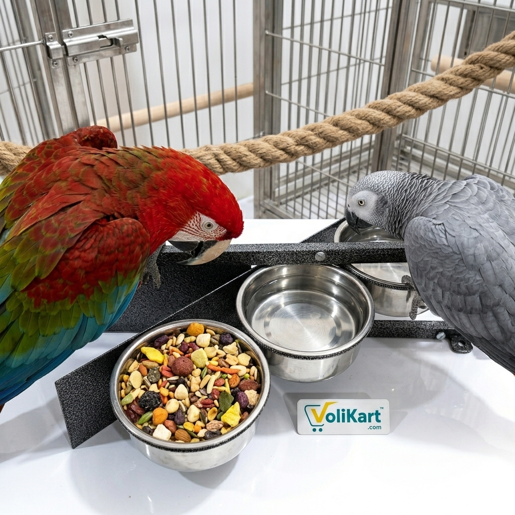 Volikart™ Rotating Bird Seed & Water Feeder | 3 x 500ml Stainless Steel Bowls | Heavy Duty Cage Mount Swing Feeder