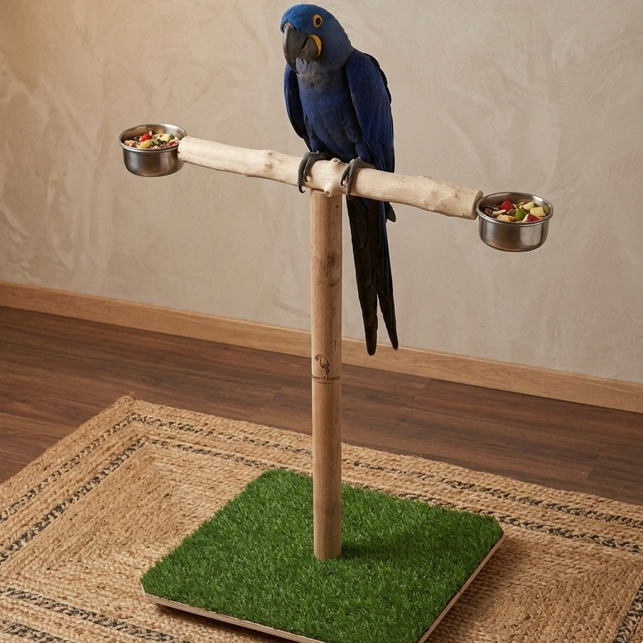 Volikart™ Premium 2.5ft Wooden Bird T-Stand for Parrots | Natural Heavy-Duty Perch with Dual Steel Bowls