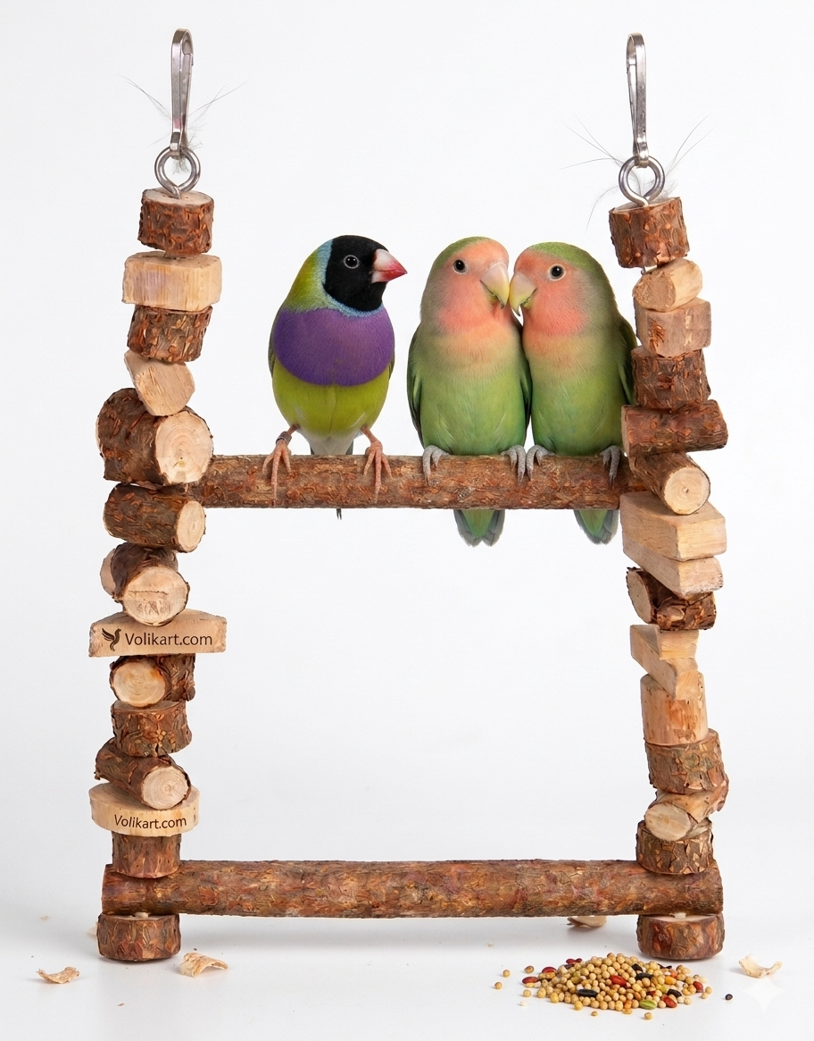Volikart™ Natural Wood Bird Swing & Climbing Ladder – Eco-Friendly Chewing Toy for Sun Conures, Lovebirds, and Cockatiels – 9" Tall Hanging Cage Accessory
