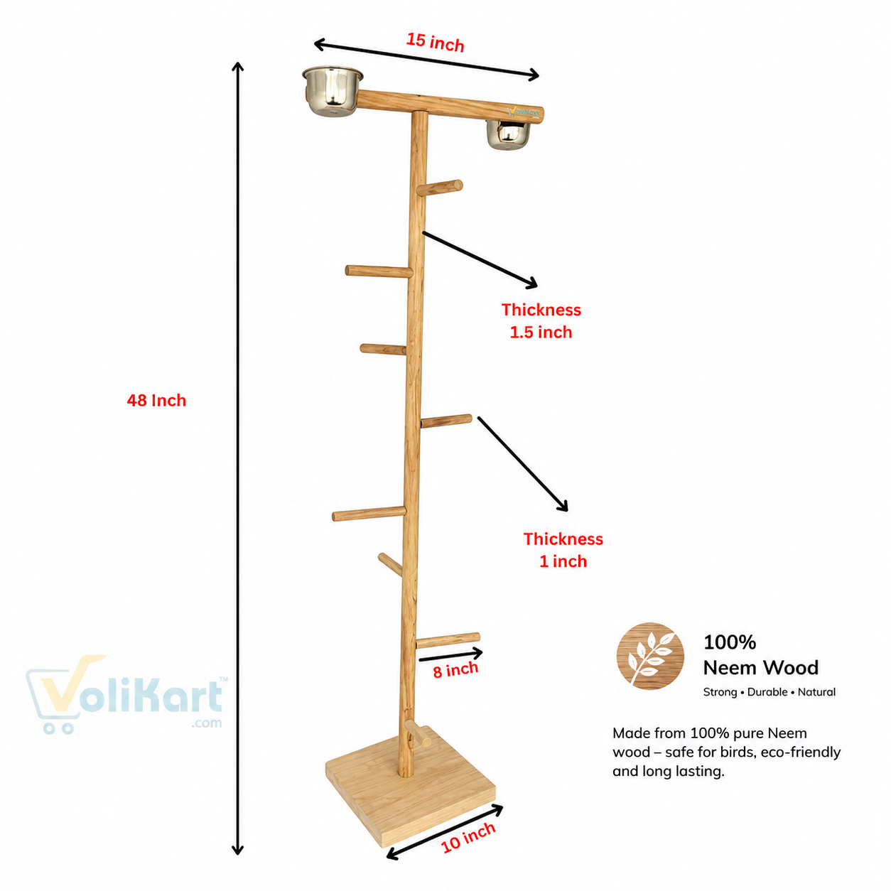 Volikart™ Natural Neem Wood Bird Stand Gym with 2 Stainless Steel Feeder Cups - Playground Perch for Parrots, Conures & Cockatiel