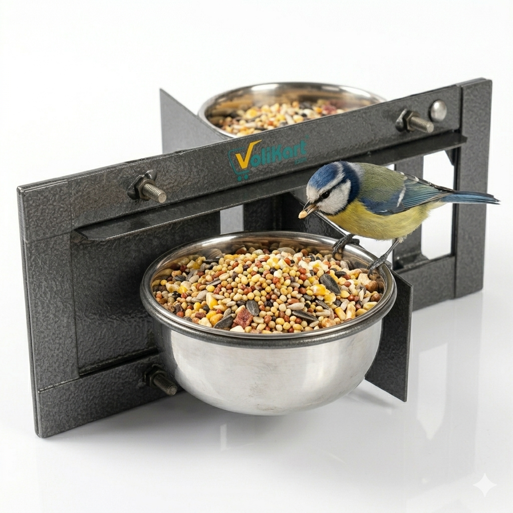 Volikart™ Rotating Double Bowl Bird Feeder for Bird Cage | 2 x 500ml Stainless Steel Bowls
