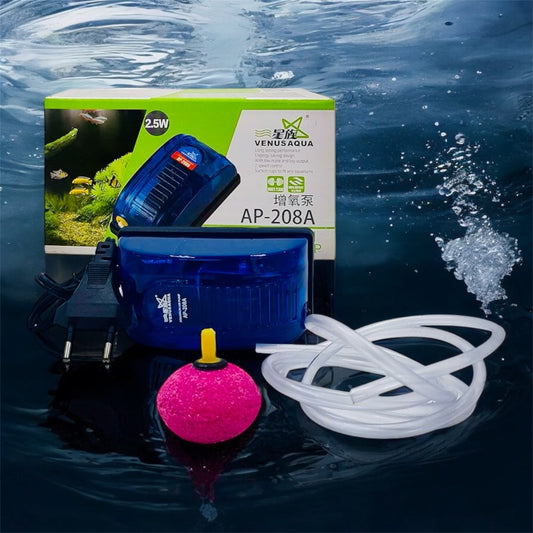 VENUS AQUA AP-208A Aquarium Air Pump – 2.5W Silent Operation with Air Tube & Stone, 3 L/min Output, Dual Speed Control