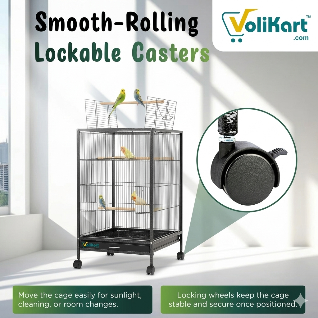 Volikart™ 30-Inch Large Bird Cage with Rolling Wheels | Premium Metal Flight Cage for Small & Medium Birds, Parrots, Lovebirds