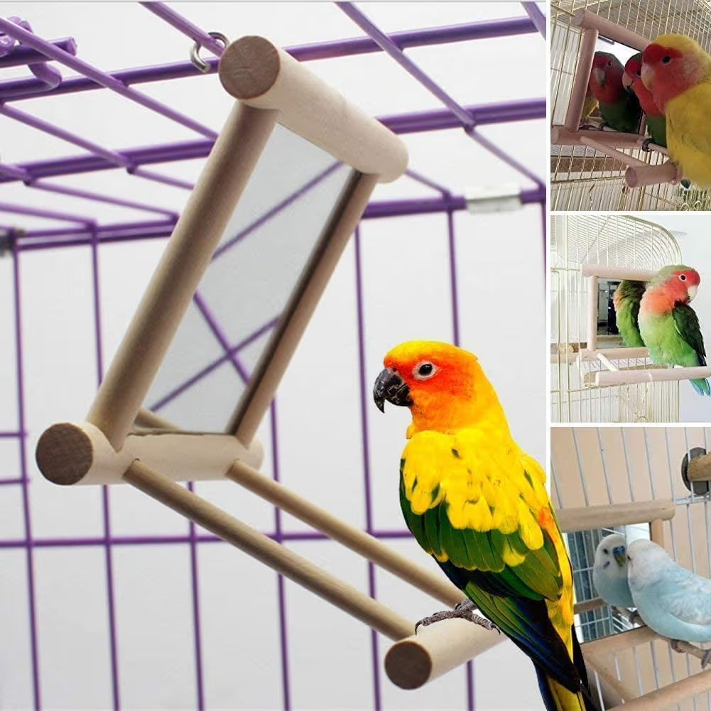 Volikart™ Wooden Bird Mirror with Perch & Metal Hooks - Hanging Cage Toy for Cockatiels, Budgies & Small Parrots