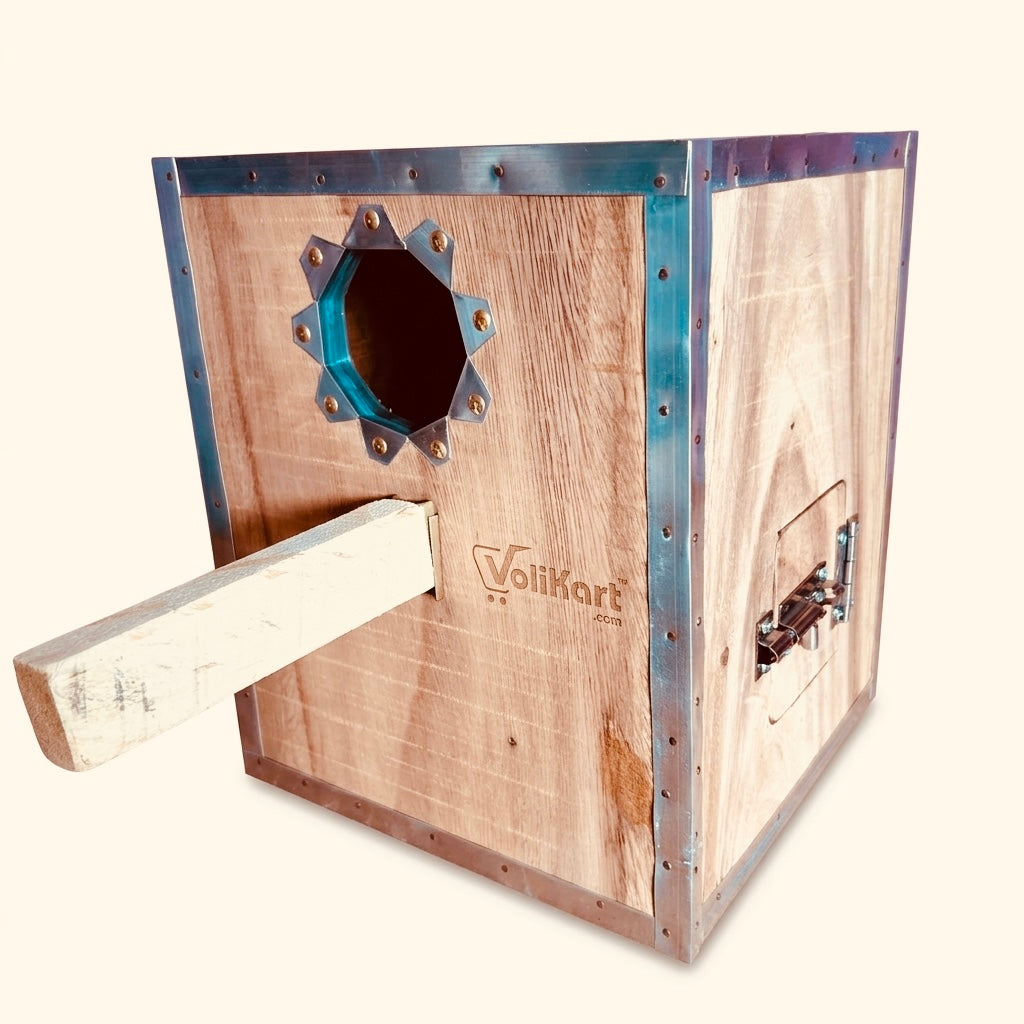 Volikart Small Conure & Cockatiel Wooden Breeding Box | Double-Side Entry Bird Nest Box with Metal Corner Protection