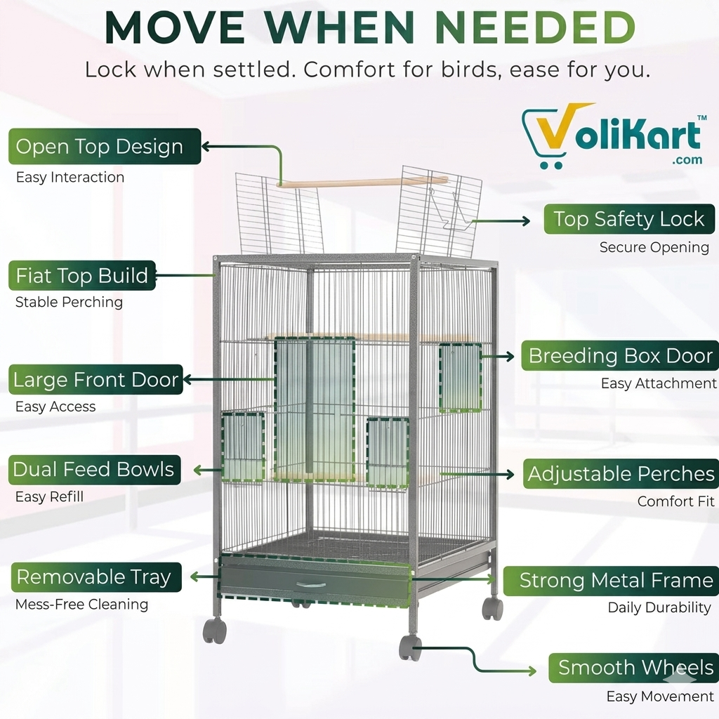 Volikart™ 30-Inch Large Bird Cage with Rolling Wheels | Premium Metal Flight Cage for Small & Medium Birds, Parrots, Lovebirds
