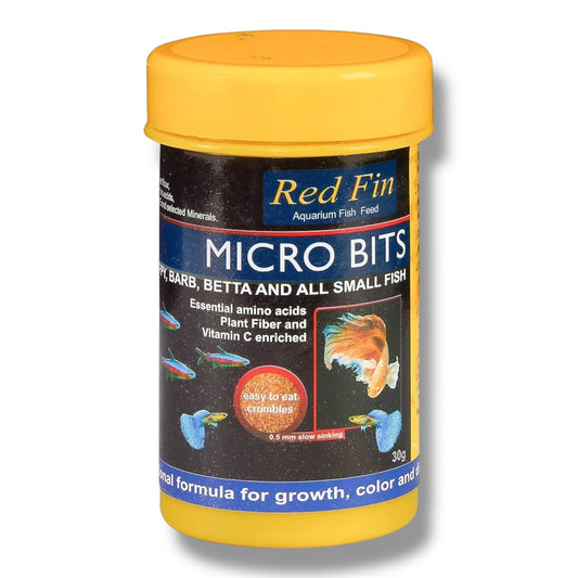 Red Fin Micro Bits Fish Food for Tetra, Guppy, Barb, Betta & Small Tropical Fish – 53% High Protein Formula – Supports Growth, Natural Color & Immunity – 30gm