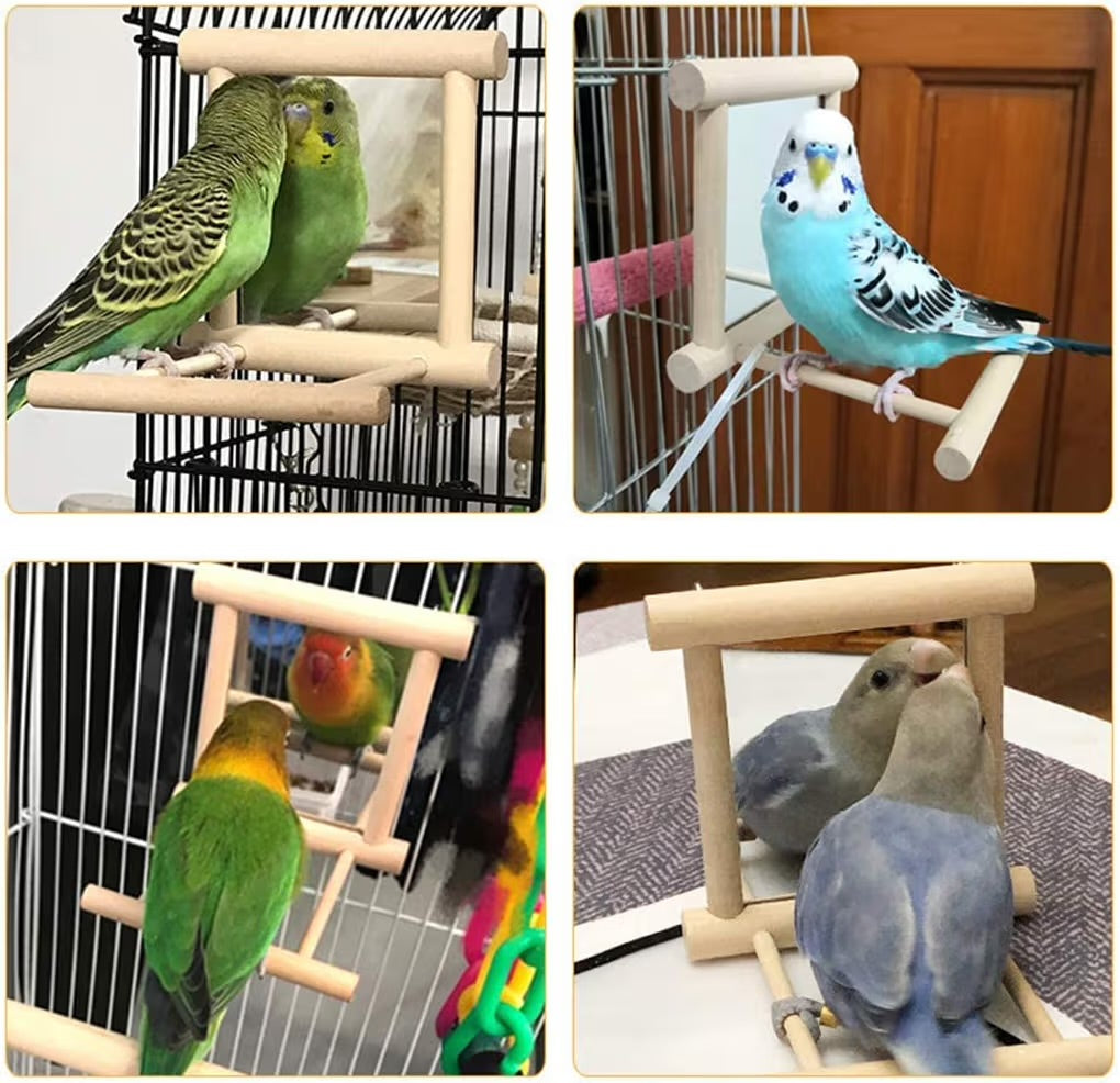 Volikart™ Wooden Bird Mirror with Perch & Metal Hooks - Hanging Cage Toy for Cockatiels, Budgies & Small Parrots