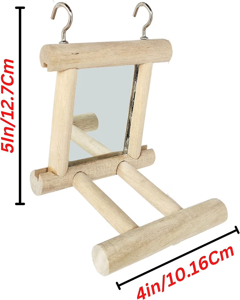 Volikart™ Wooden Bird Mirror with Perch & Metal Hooks - Hanging Cage Toy for Cockatiels, Budgies & Small Parrots