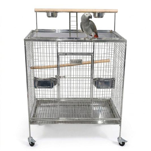 Volikart™ Stainless Steel Bird Cage with Play Top 36x36x24 Inch | Heavy Duty Parrot Cage with Stand | Large Cage for African Grey, Macaw & Cockatiel