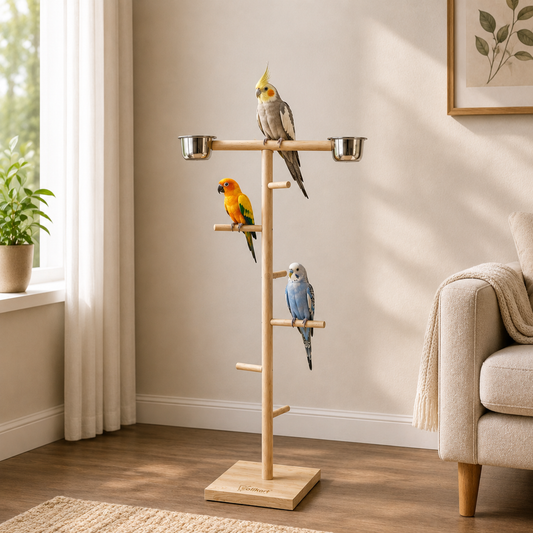 Volikart™ Natural Neem Wood Bird Stand Gym with 2 Stainless Steel Feeder Cups - Playground Perch for Parrots, Conures & Cockatiel
