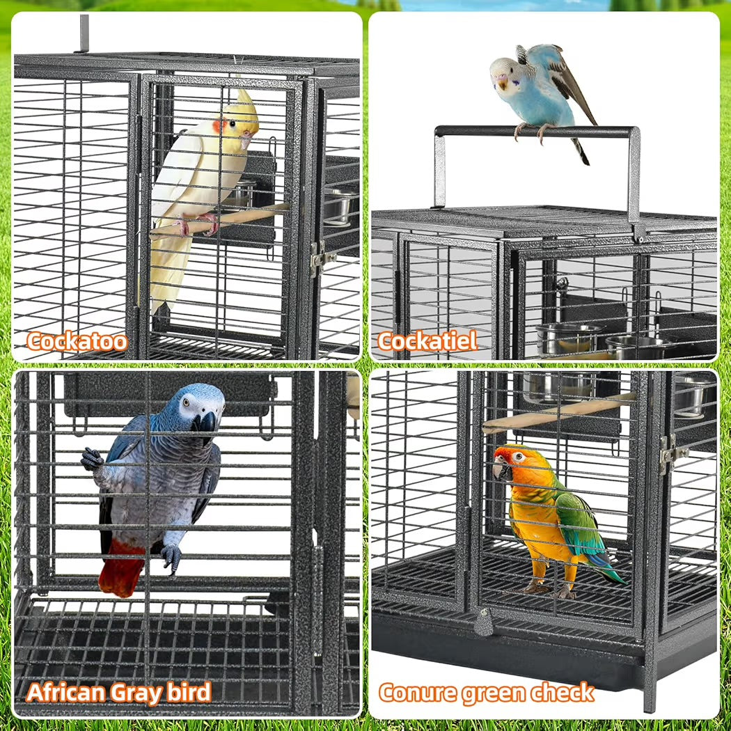 Portable Bird Travel Carrier Steel Cage 18x18x18 Inch Black with Handle & Wooden Perch | Medium Parrot Travel Cage for Birds