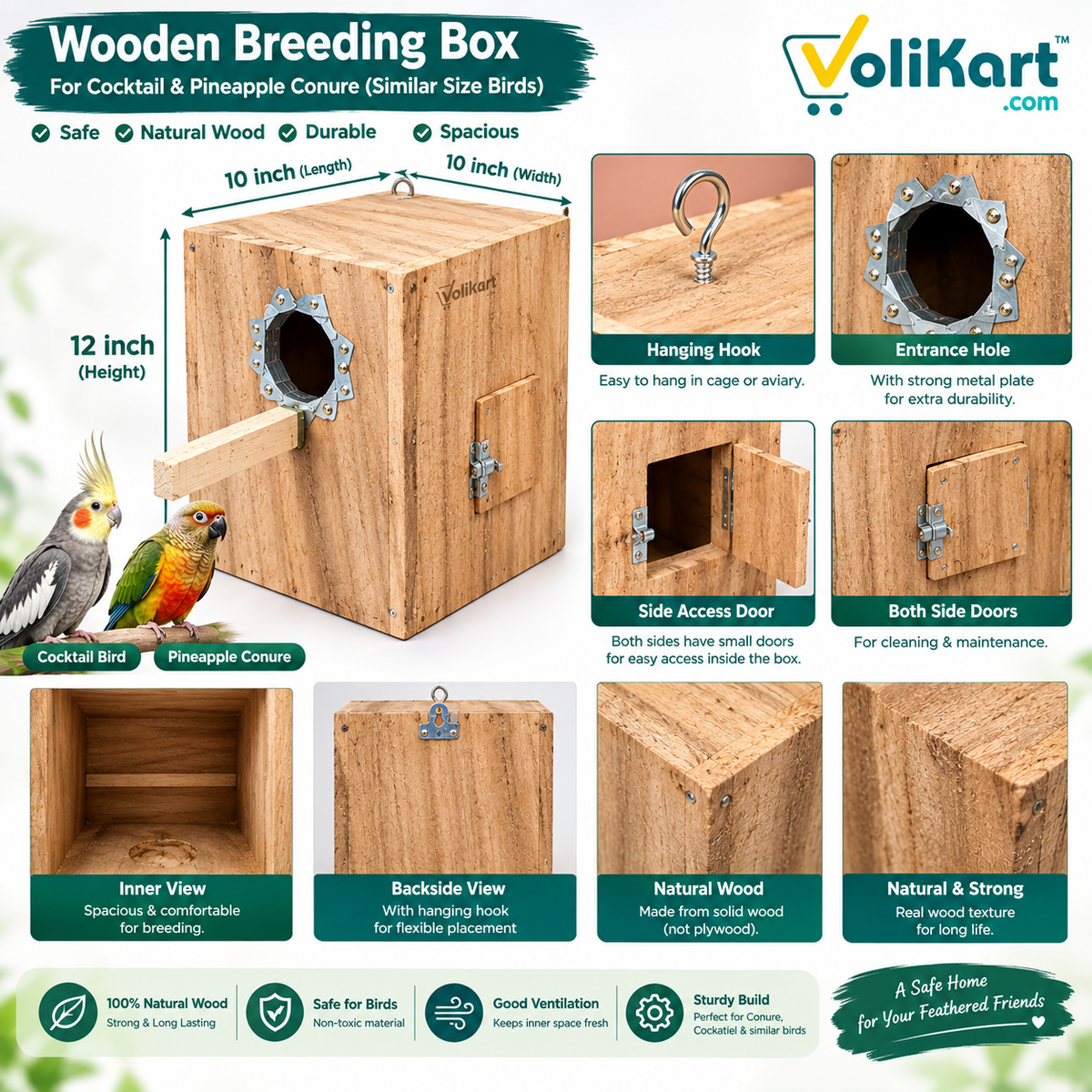 Wooden Small Conure Breeding Box - 12x10x10 Inch - Avian Nesting Shelter for Small Conure