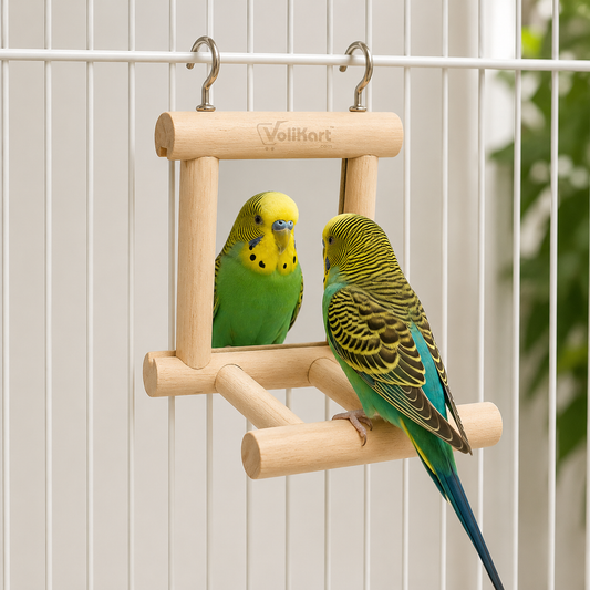 Volikart™ Wooden Bird Mirror with Perch & Metal Hooks - Hanging Cage Toy for Cockatiels, Budgies & Small Parrots