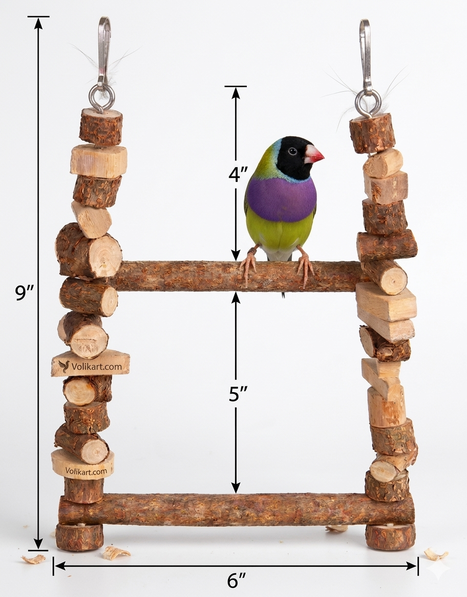 Volikart™ Natural Wood Bird Swing & Climbing Ladder – Eco-Friendly Chewing Toy for Sun Conures, Lovebirds, and Cockatiels – 9" Tall Hanging Cage Accessory