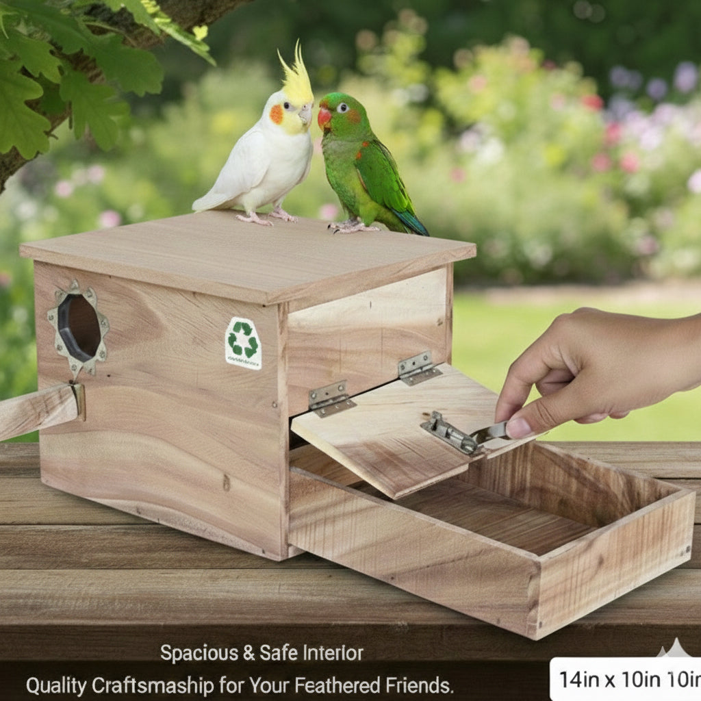 Wooden Breeding Nest Box for Cockatiel, Small Conure & Similar Birds | 14 x 10 x 10 Inch