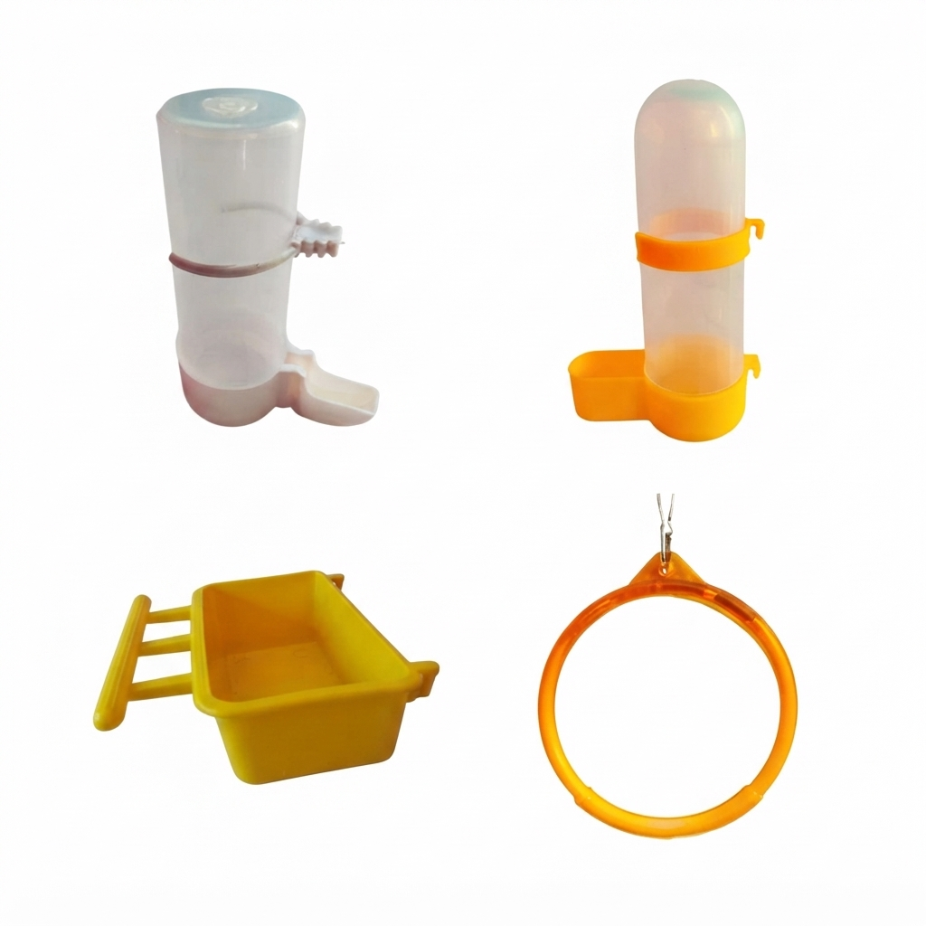 VoliKart Bird Cage Combo Set – 200ml Chinese Water Feeder, 400ml Water Feeder, Swing Ring & Seed/Water Feeder