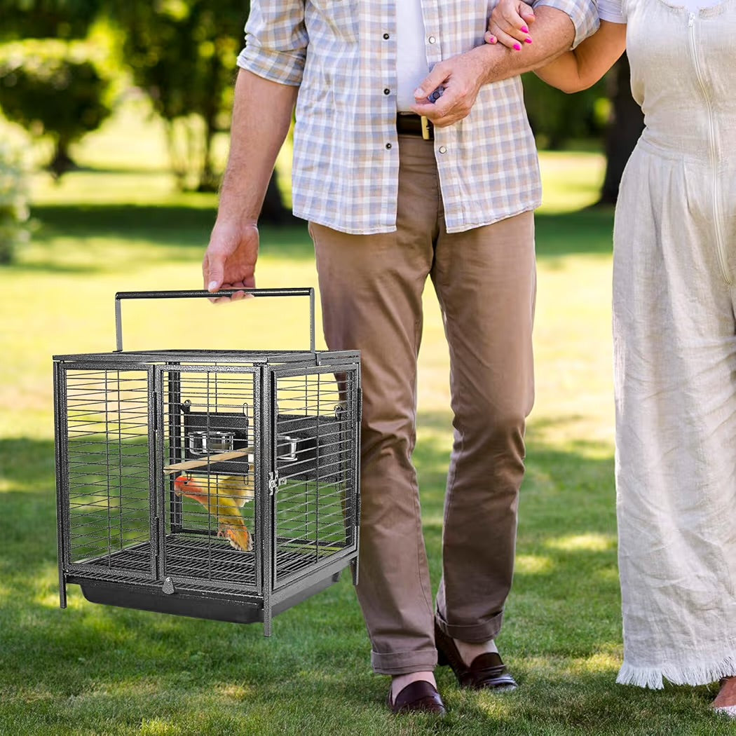 Portable Bird Travel Carrier Steel Cage 18x18x18 Inch Black with Handle & Wooden Perch | Medium Parrot Travel Cage for Birds