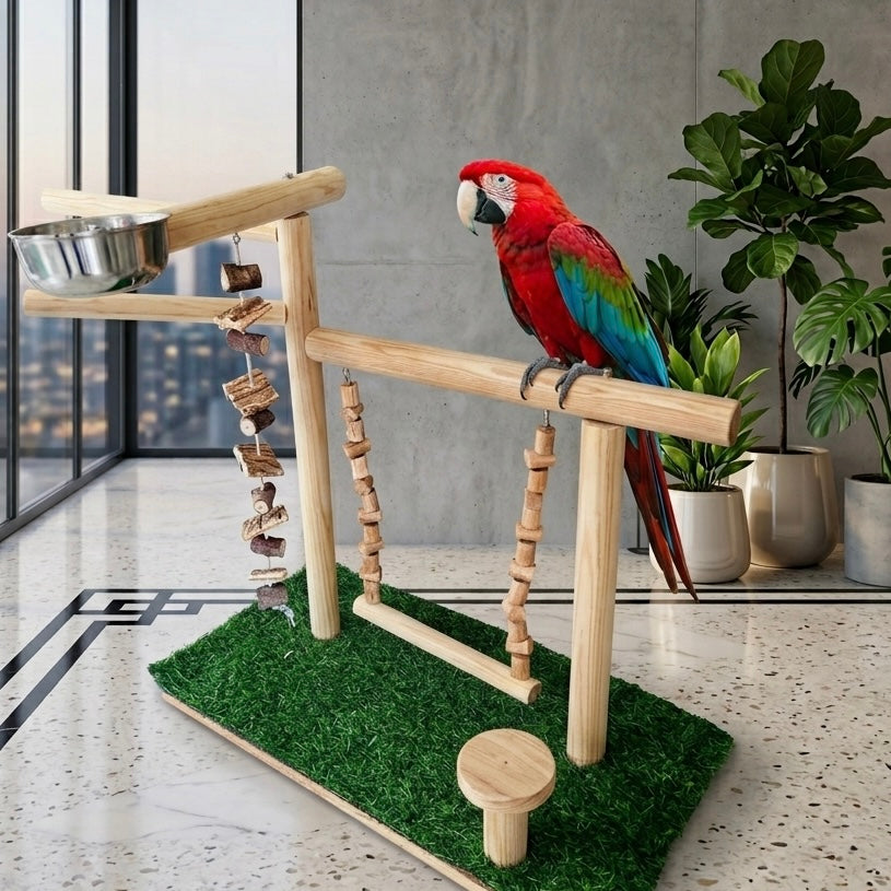 Tame Bird Stand Playing Toy - 80% Neem Wood | Wooden Toys for Conure, African Grey, Macaw, Amazon & Other Birds