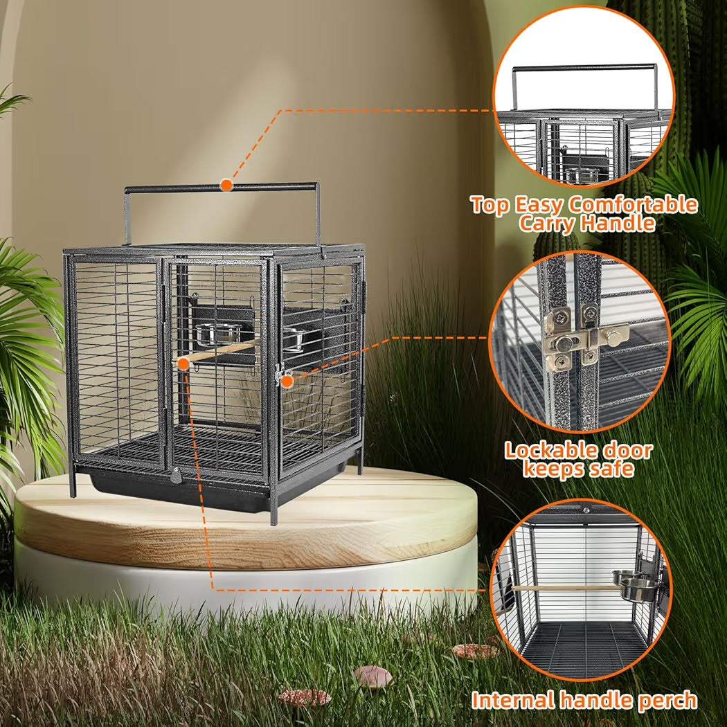 Portable Bird Travel Carrier Steel Cage 18x18x18 Inch Black with Handle & Wooden Perch | Medium Parrot Travel Cage for Birds