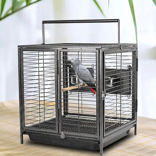 Portable Bird Travel Carrier Steel Cage 18x18x18 Inch Black with Handle & Wooden Perch | Medium Parrot Travel Cage for Birds