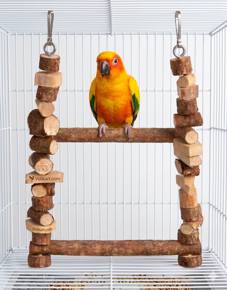 Volikart™ Natural Wood Bird Swing & Climbing Ladder – Eco-Friendly Chewing Toy for Sun Conures, Lovebirds, and Cockatiels – 9" Tall Hanging Cage Accessory