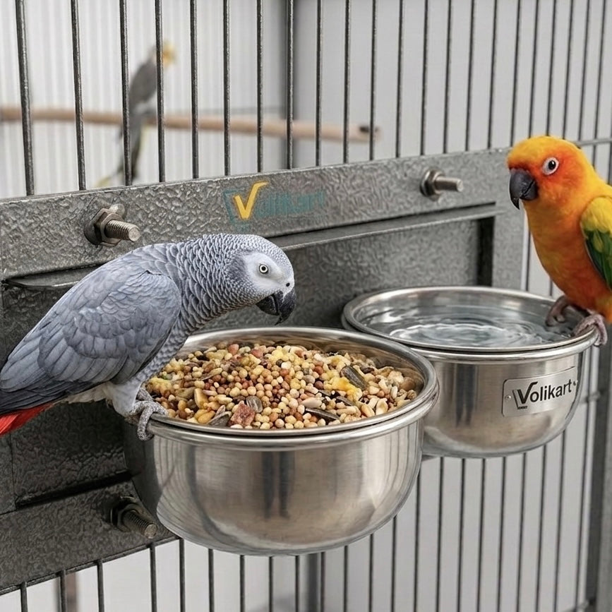 Volikart™ Rotating Double Bowl Bird Feeder for Bird Cage | 2 x 500ml Stainless Steel Bowls