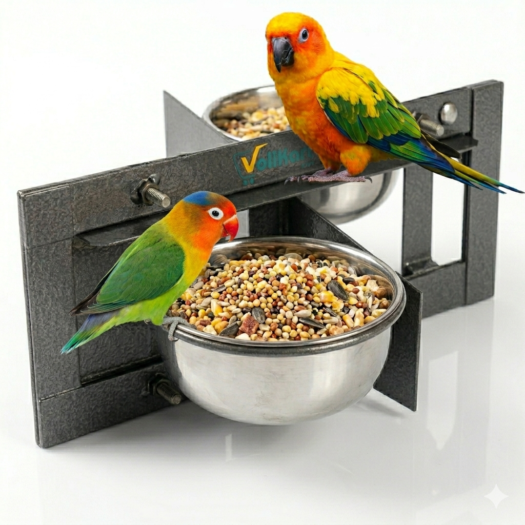 Volikart™ Rotating Double Bowl Bird Feeder for Bird Cage | 2 x 500ml Stainless Steel Bowls