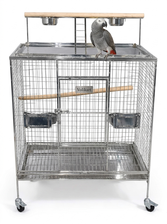 Volikart™ Stainless Steel Bird Cage with Play Top 36x36x24 Inch | Heavy Duty Parrot Cage with Stand | Large Cage for African Grey, Macaw & Cockatiel