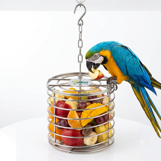 Volikart™ Stainless Steel Bird Foraging Feeder Toy – Hanging Fruit & Nut Basket for Macaw, African Grey, Cockatoo & Large Parrots