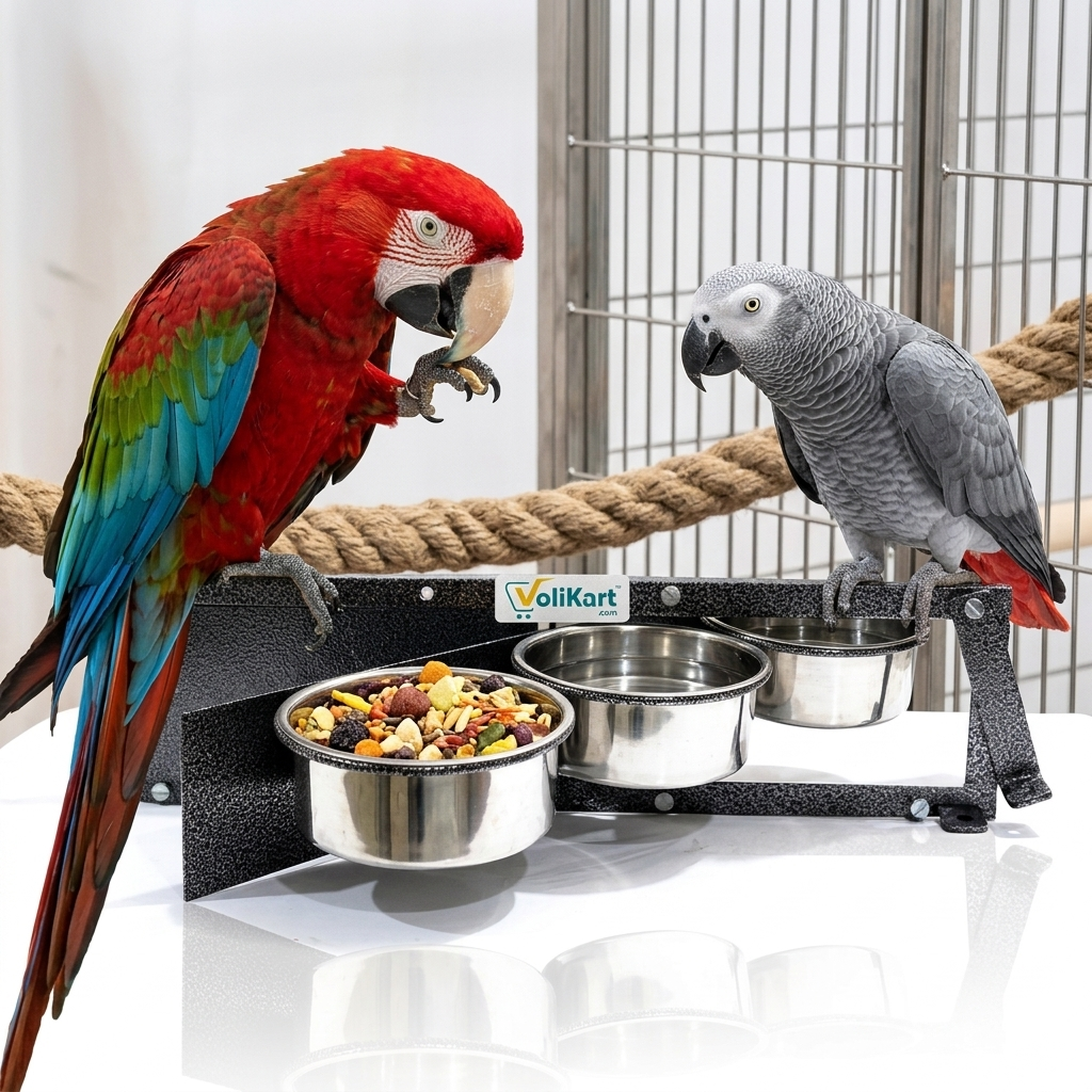 Volikart™ Rotating Bird Seed & Water Feeder | 3 x 500ml Stainless Steel Bowls | Heavy Duty Cage Mount Swing Feeder