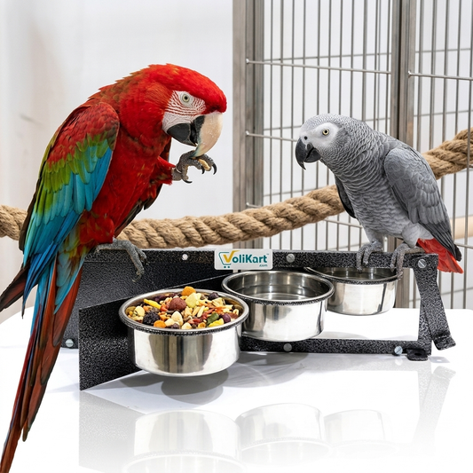 Volikart™ Rotating Bird Seed & Water Feeder | 3 x 500ml Stainless Steel Bowls | Heavy Duty Cage Mount Swing Feeder