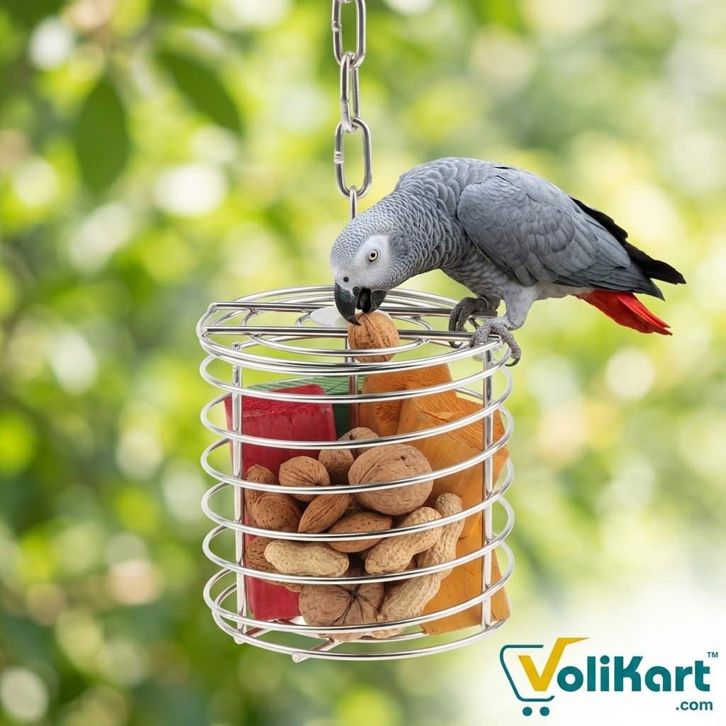 Volikart™ Stainless Steel Bird Foraging Feeder Toy – Hanging Fruit & Nut Basket for Macaw, African Grey, Cockatoo & Large Parrots