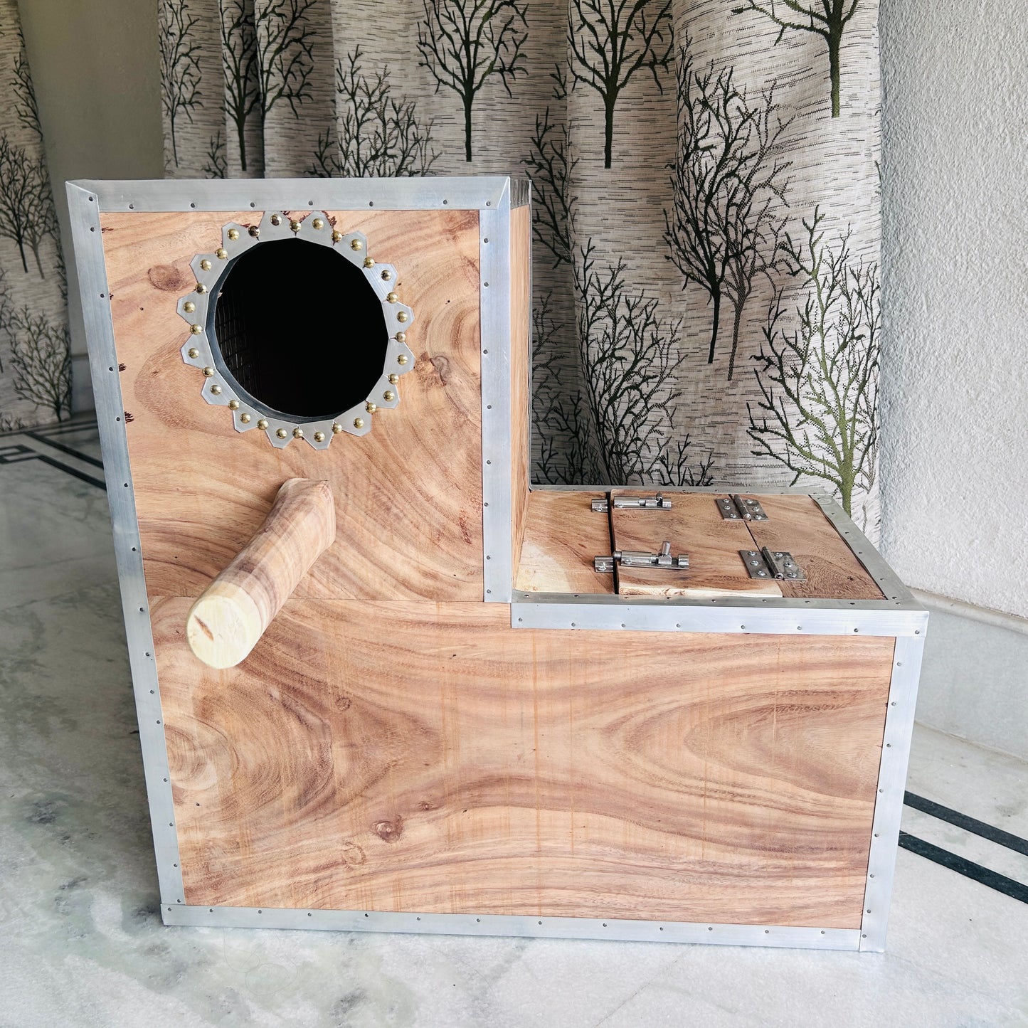 African Grey Parrot Wooden Breeding Box 24x24 Inch L Shape | 1 Inch Thick Wood Nest Box with Double Door & Full Inner Wire Net Gray Parrot Box